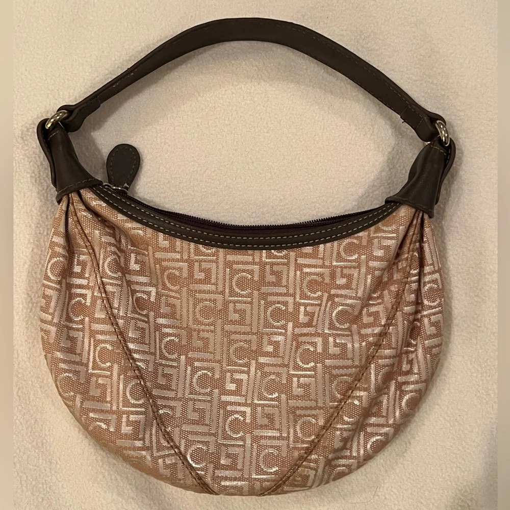 Liz Claiborne Vintage Beige Metallic Monogram Crescent Hobo Bag